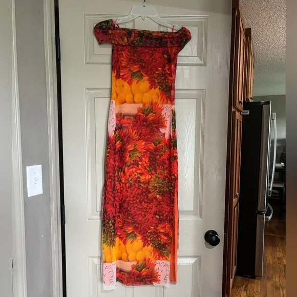 ZARA Womens Tulle Mesh StretchMidi Dress size S NWT Picante Pepper Market Print - Picture 2 of 4